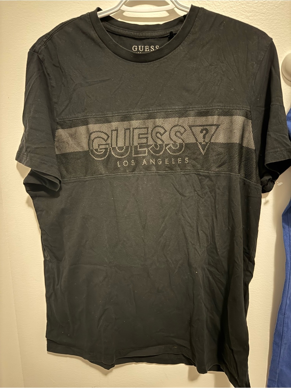 Guess Black Men's Short Sleeve Logo Tee with Subtle Mesh Band